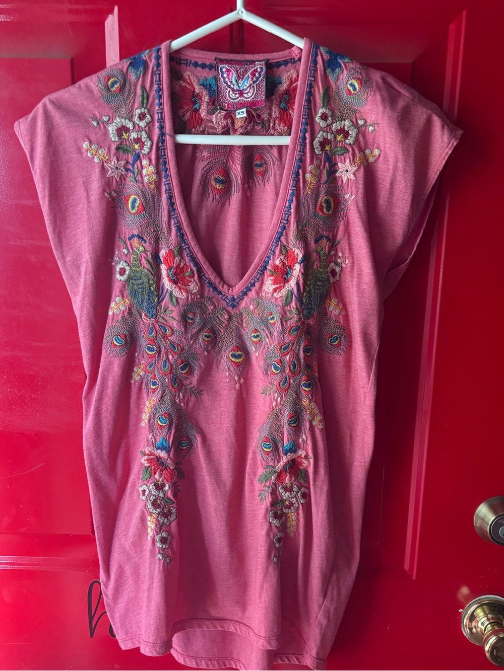 Johnny Was coral Embroidered V-Neck Tunic with Peacock Detail